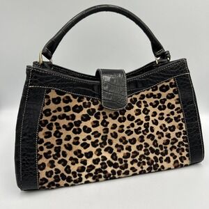 Vtg BRAHMIN Cheetah Print Calf Hair Black Italian Leather Croc Purse Bag 90's